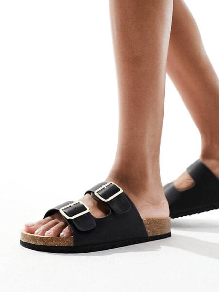 Glamorous Wide Fit double strap footbed sandals in black