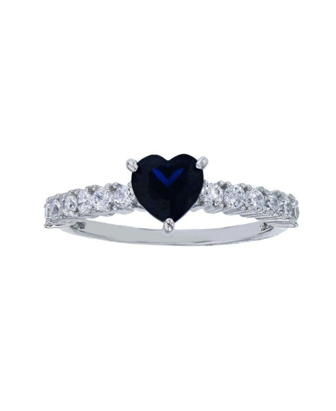 Created Blue Spinel and White Cubic Zirconia Heart Ring in Rhodium Plated Sterling Silver