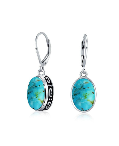 Western Style 3.2CT Stabilized Turquoise Dome Oval Bezel Set Lever Back Dangle Earrings For Women .925 Sterling Silver