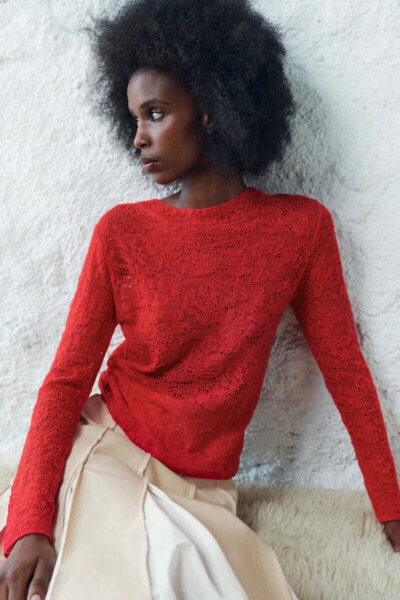 ALPACA AND FELT TEXTURE BLEND POINTELLE KNIT SWEATER