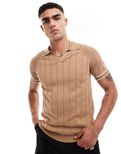 Brave Soul textured knit trophy neck polo in tan