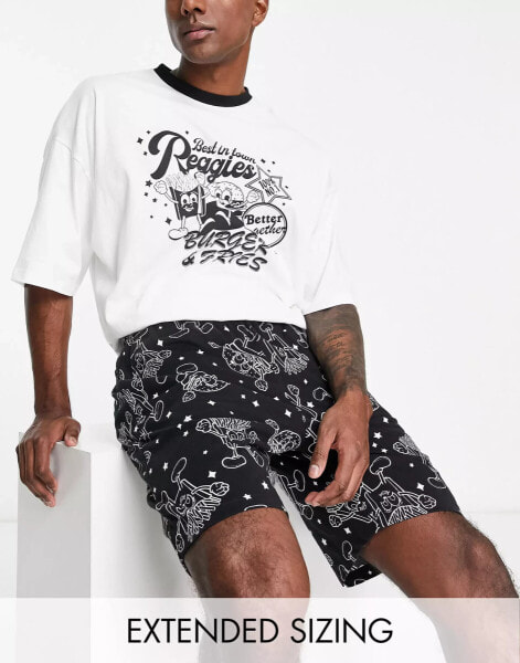 ASOS DESIGN pyjama set with t-shirt and shorts in black and white with burger print