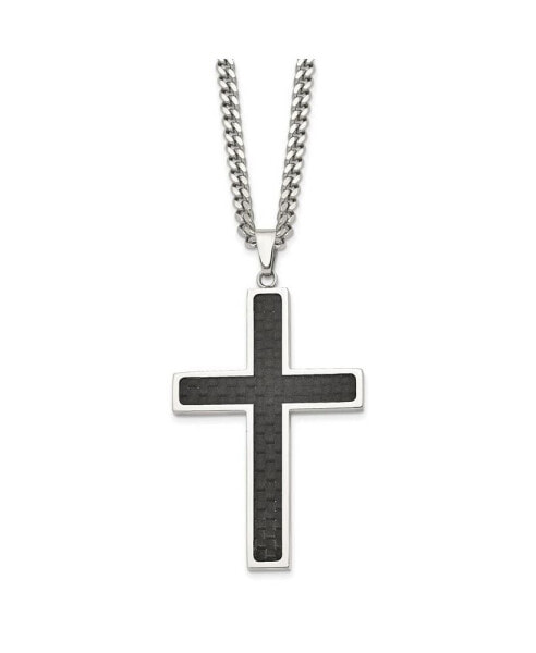 Black Carbon Fiber Inlay Cross Pendant Curb Chain Necklace