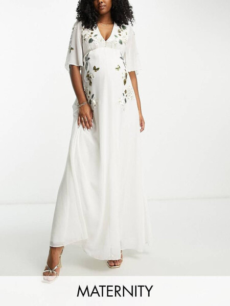 Hope & Ivy Maternity embellished plunge flutter sleeve maxi dress in cream