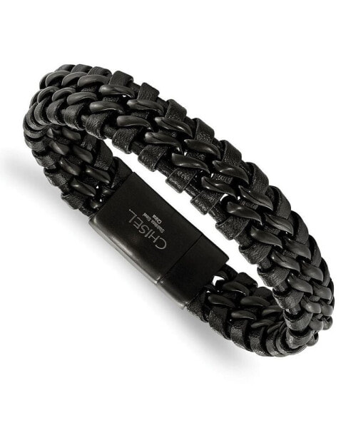 Stainless Steel Brushed Black IP-plated Black Leather Bracelet