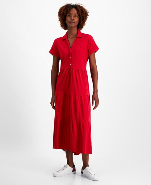 Women's Cotton Collared Tiered Maxi Dress