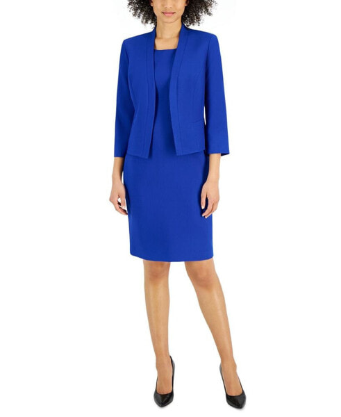 Crepe Open Front Jacket & Crewneck Sheath Dress Suit, Regular and Petite Sizes