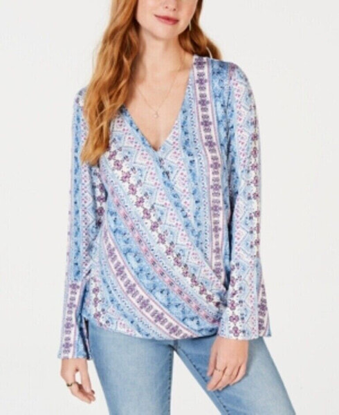 Style & Co Women's Printed Surplice Bell Sleeve Blouse Castaway Lane M