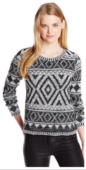 Lucky Brand Women's Long Sleeve Sweater Scoop Neck Jacquard Black White Multi S