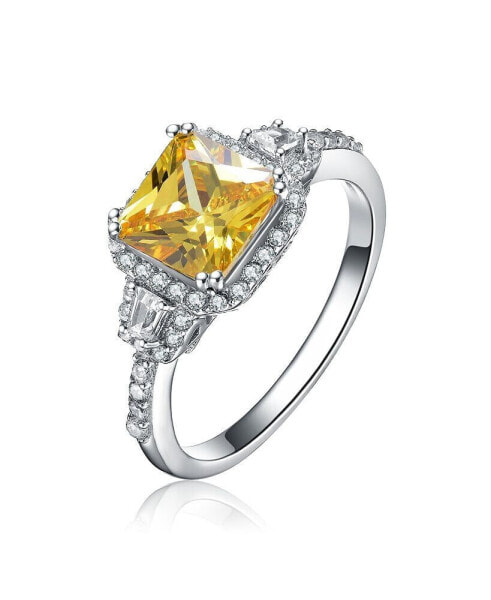 Sterling Silver Yellow Cubic Zirconia Halo Coctail Ring