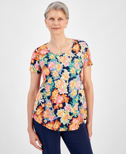 Women's Scoop-Neck Short-Sleeve Printed Knit Top, Created for Macy's