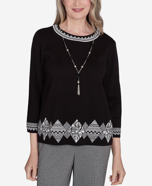 Runway Ready Women's Diamond Border Crew Neck Top With A Detachable Necklace