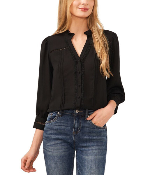Women's Lace Trimmed Pintuck 3/4-Sleeve Button Front Blouse