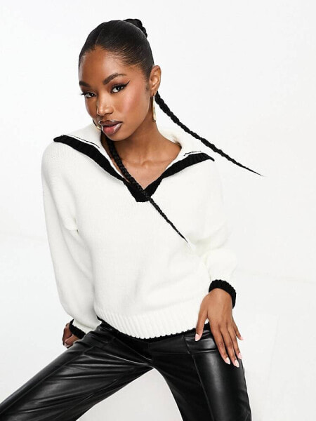 In The Style exclusive knitted contrast collar detail jumper in cream