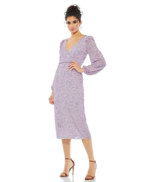 Women's Sequined Illusion Puff Sleeve V Neck Midi Dress