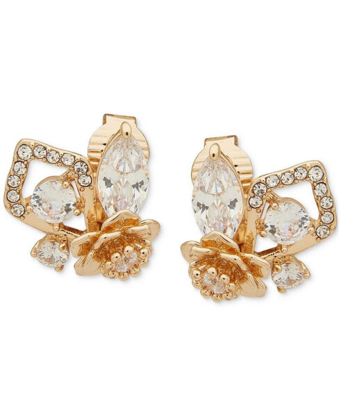 Gold-Tone Crystal Flower Clip-On Button Earrings