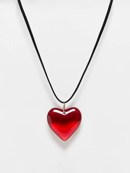 ASOS DESIGN mid length cord necklace with red puff heart