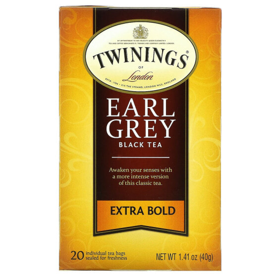 Twinings, Black Tea, Earl Grey, Extra Bold, 20 чайных пакетиков, 40 г (1,41 унции)