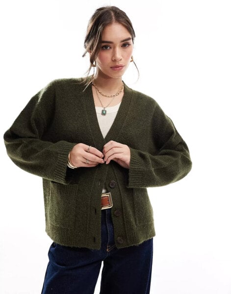 ASOS DESIGN boxy cardigan with v neck and pocket detail in khaki