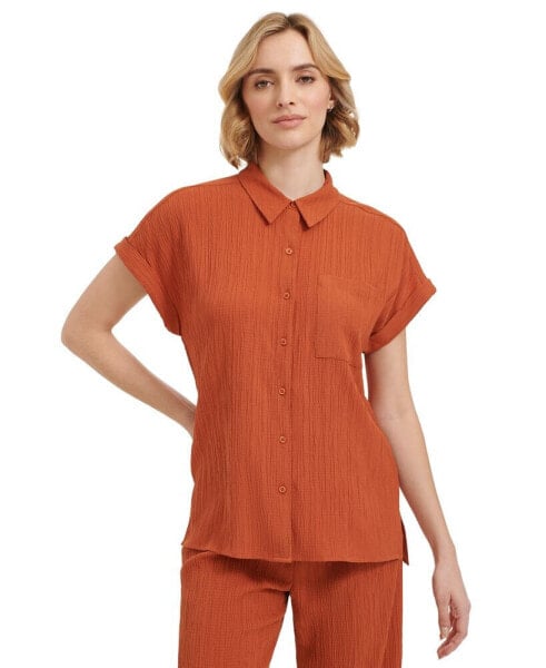 Women's Short Sleeve Crinkle Button Down