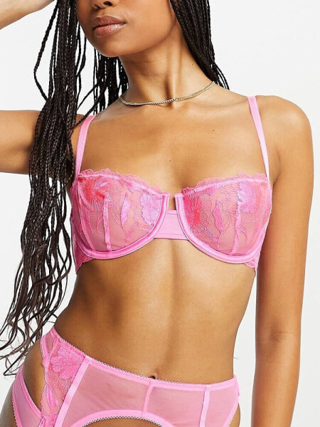 ASOS DESIGN Nina sheer floral lace balcony bra with picot trim in pink