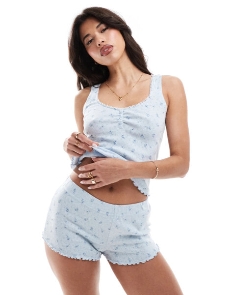 Boux Avenue pointelle cami and ditsy floral short pyjama set in blue