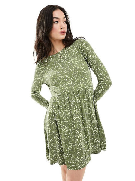 Wednesday's Girl long sleeve smudge spot mini smock dress in sage