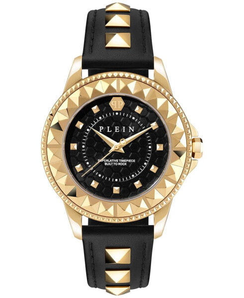 Women's Lady Rock Gold-Tone Studded Black Leather Strap Watch 38mm