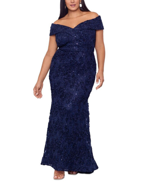 Plus Size Embellished Lace Off-The-Shoulder Gown