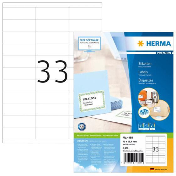 HERMA Labels Premium A4 70x25.4 mm white paper matt 3300 pcs. - White - Self-adhesive printer label - A4 - Paper - Laser/Inkjet - Permanent