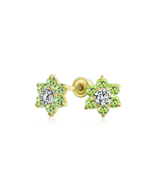 Tiny Lime Green CZ Flower Stud Earrings For Women For Teen Cubic Zirconia Simulated Peridot 14K Real Gold Screw back