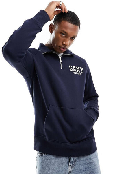 GANT arch collegiate logo half zip sweatshirt in navy