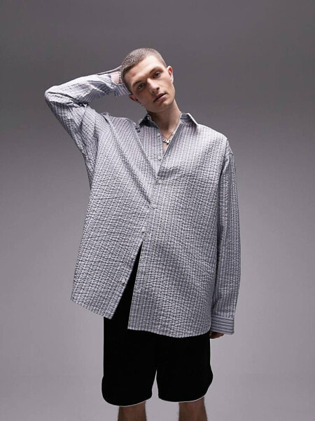 Topman long sleeve extreme oversized textured stripe shirt in blue