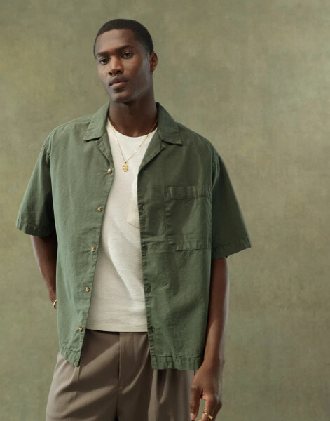 ASOS DESIGN boxy oversized linen look shirt with revere collar in khaki