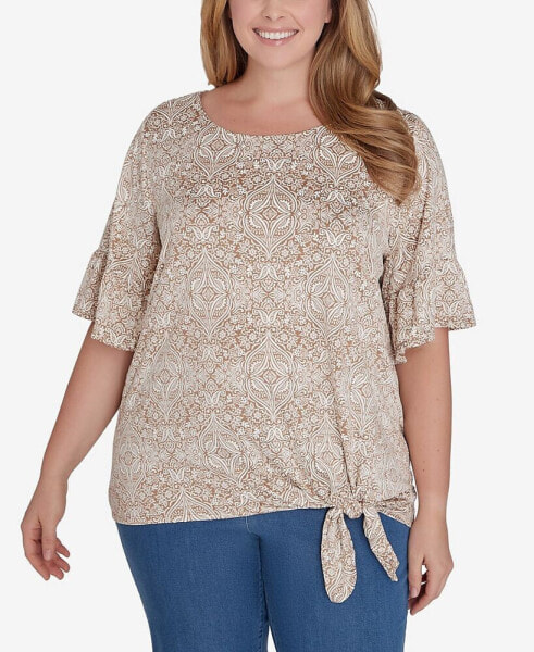 Plus Size Medallion Puff Print Tied T-Shirt