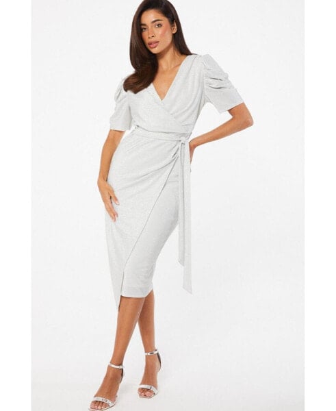 Women's Lurex Puff Sleeve Wrap Midi Dress