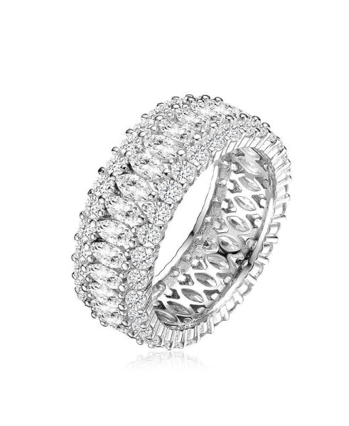 Sterling Silver White Gold Plated Clear Round and Marquise Cubic Zirconia Eternity Ring