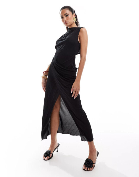 ASOS DESIGN high neck pleated maxi dress with drape wrap skirt in black