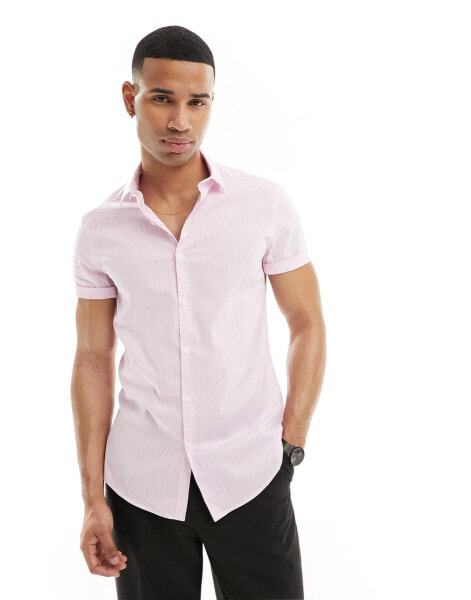 ASOS DESIGN short sleeve slim fit stripe work shirt in light pink