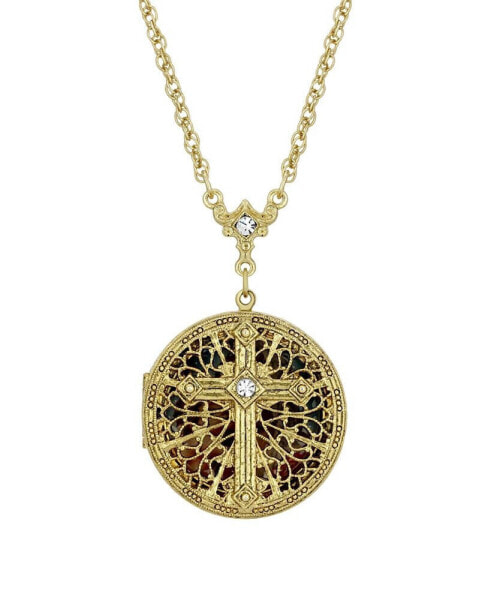 Symbols of Faith 14K Gold Dipped Crystal Cross Round Locket Necklace