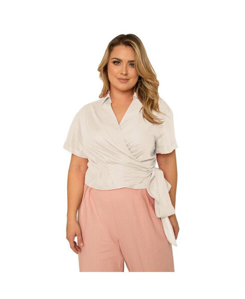 Plus Size Short Sleeve Tie Waist Wrap Blouse