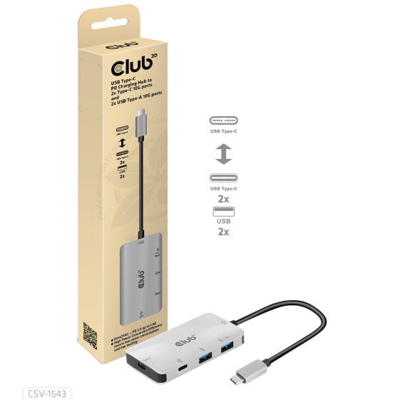 Club 3D USB Gen2 Type-C PD Charging Hub to 2x Type-C 10G ports and 2x USB Type-A 10G ports - USB 3.2 Gen 2 (3.1 Gen 2) Type-C - 100 W - Black - Silver - USB 3.2 Gen 2 (3.1 Gen 2) Type-A - USB 3.2 Gen 2 (3.1 Gen 2) Type-C - ROHS - FCC - CE EMI - USB