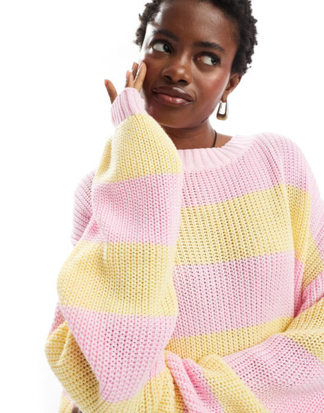 Glamorous chunky knitted pink yellow stripe jumper