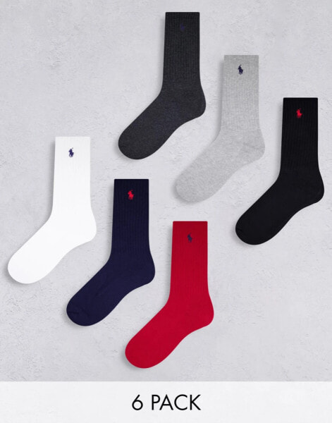 Polo Ralph Lauren 6 pack sport socks in black, red, navy, grey, white with pony logo