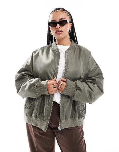 ASOS DESIGN Curve spliced bomber jacket in khaki and grey