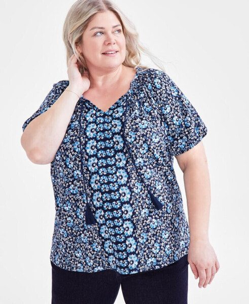 Plus Size Printed Peasant Top, Created for Macy's