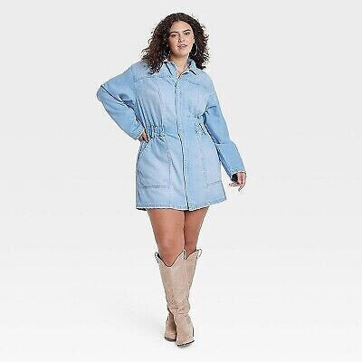 Women's Long Sleeve Denim Shirtdress - Universal Thread Light Wash 30