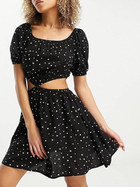 Esmee Exclusive beach square neckline mini summer dress with cut out detail in black polka dot 