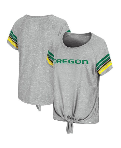 Women's Heathered Gray Oregon Ducks Boo You Knotted Raglan T-Shirt