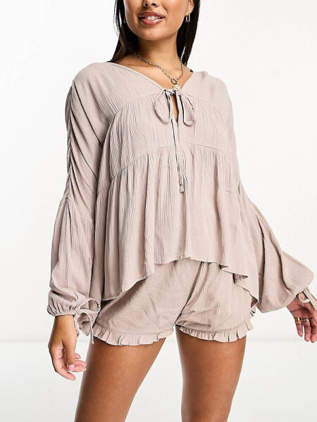 Isla & Bird beach long sleeve tiered top co-ord in blush nude